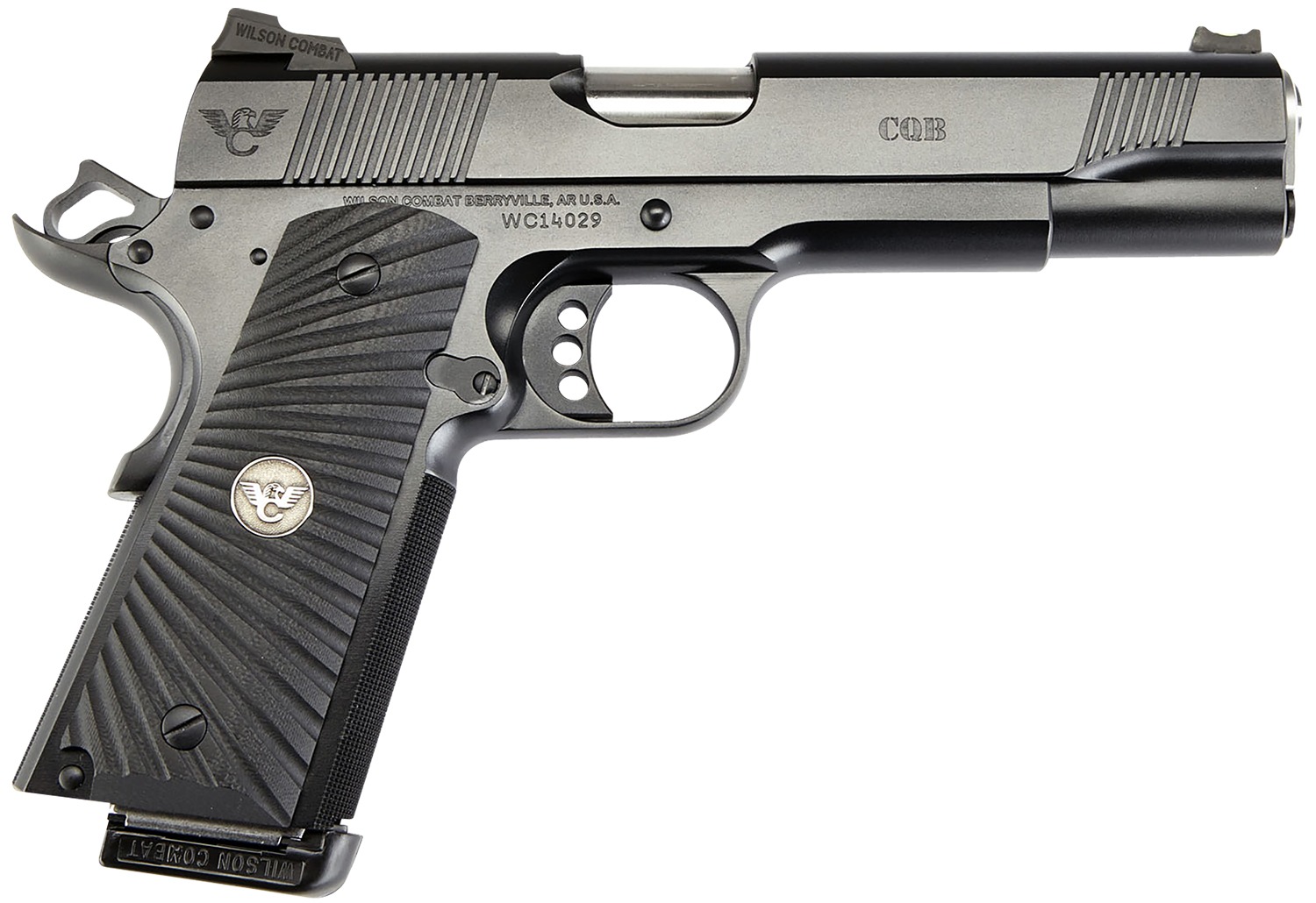 Wilson Combat CQBFS9 1911 CQB Full Size Frame 9mm Luger 10+1 5" Match Grade Barrel, Black Serrated Carbon Steel Slide, Black Armor-Tuff Carbon Steel Frame w/Beavertail, Black G10 Starburst Grip